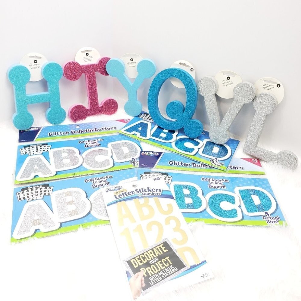 Glitter Bulletin Letters Numbers Bulk Lot Craft Foam Sparkle Blue Silver Gold